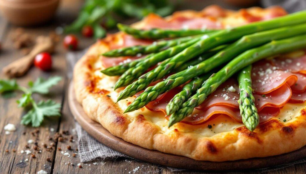 Flammkuchen mit Spargel und Schinken: Knusprig in 12 Minuten, ganz ohne Hefeteig