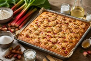 Rhabarberkuchen vom Blech für 12 Personen, saftig dank Buttermilch und in 45 Minuten fertig