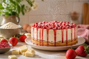 Muttertagskuchen mit weißer Schokolade und Erdbeeren, der auch Backanfängern sicher gelingt