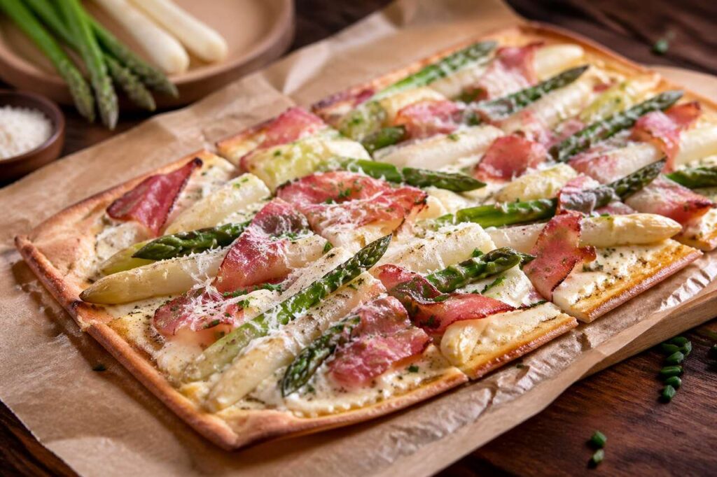 Spargel-Flammkuchen ohne Hefeteig, knusprig in 12 Minuten und perfekt für den Feierabend