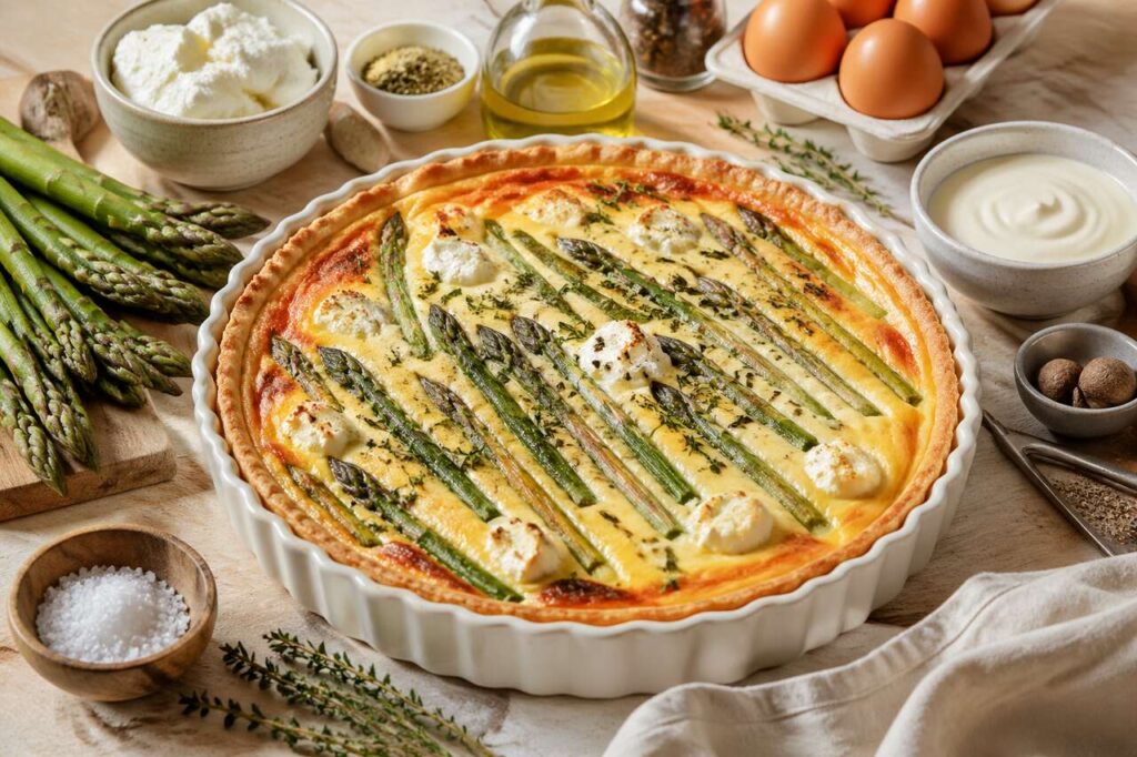 Spargel-Quiche mit grünem Spargel und Ziegenkäse, in 35 Minuten aus dem Ofen
