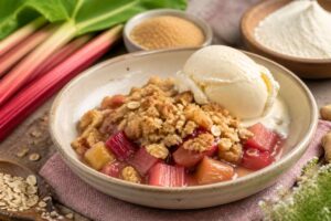 Rhabarber-Crumble im Mai, warm serviert mit Vanilleeis und in 25 Minuten ofenfertig