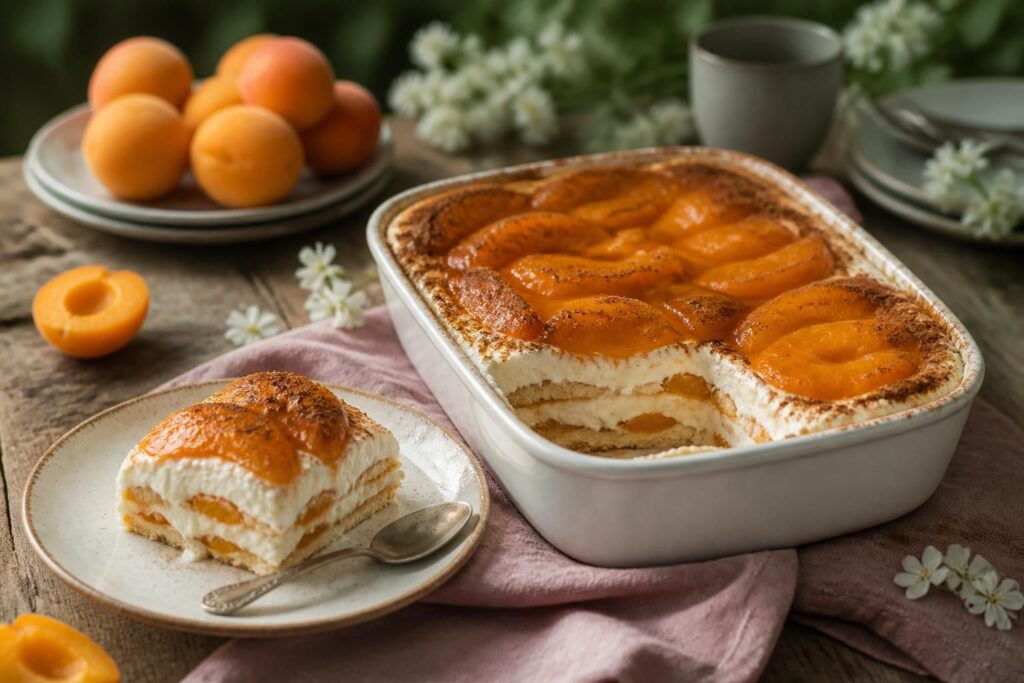 Abrikosen-Tiramisu ohne Gelatine im Glas – cremige Mascarpone-Schichten mit frischen Abrikosen und Löffelbiskuits, von oben fotografiert