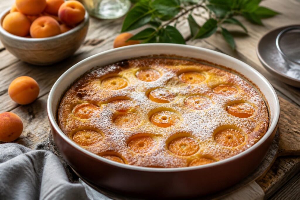 Aprikosen-Clafoutis frisch aus dem Ofen in einer runden Backform, goldbraun gebacken, mit Puderzucker bestäubt und frischen Aprikosenhälften dekoriert