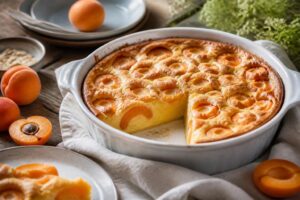 Aprikosen-Clafoutis frisch aus dem Ofen in einer Auflaufform, goldbraun und mit Puderzucker bestäubt, auf einem Holztisch mit frischen Aprikosen daneben