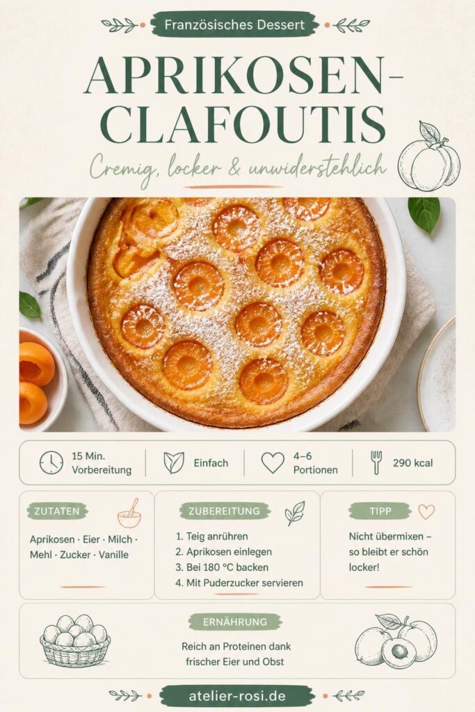 Aprikosen-Clafoutis aus dem Ofen mit Puderzucker, Pinterest-Rezeptkarte