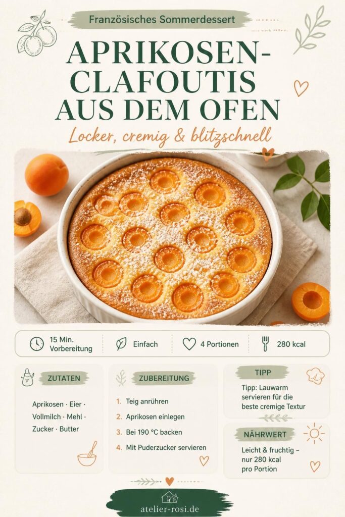 Aprikosen-Clafoutis aus dem Ofen – goldbraun, mit Puderzucker, Pinterest-Rezeptkarte