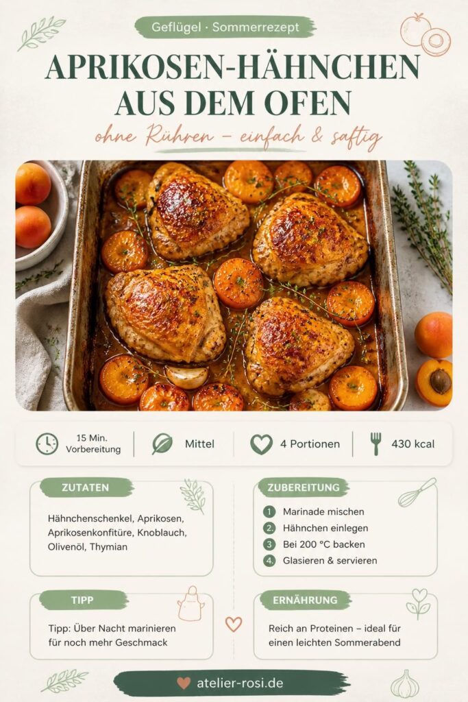 Aprikosen-Hähnchen aus dem Ofen mit goldener Glasur und frischen Aprikosen auf dem Backblech, Jamie-Oliver-Stil