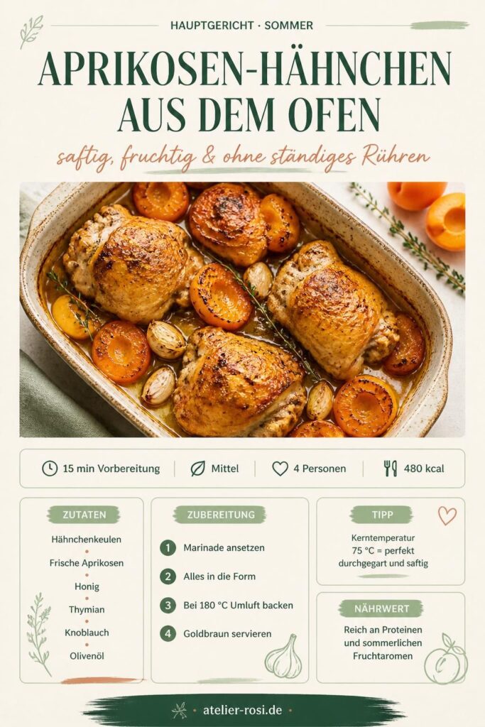 Aprikosen-Hähnchen aus dem Ofen mit Honig-Aprikosen-Glasur und Thymian – Pinterest-Rezeptkarte