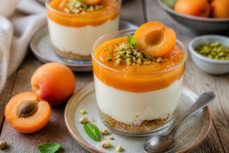 Aprikosen-Mascarpone-Creme im Glas ohne Gelatine, angerichtet mit karamellisierten Aprikosenstücken und Pistazien, sommerlich-frisch auf hellem Hintergrund
