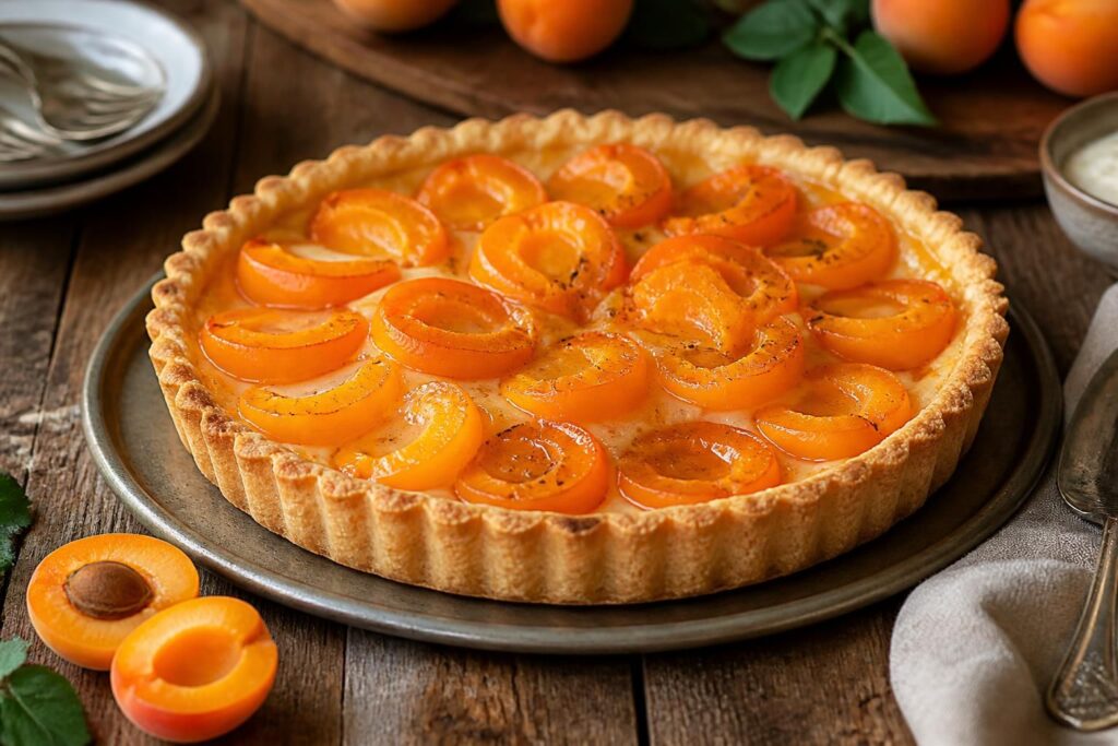 Aprikosen-Tarte mit goldenem Mürbeteigboden, frischen Aprikosenhälften und Mandelcreme auf einem Holzbrett bei sommerlichem Tageslicht