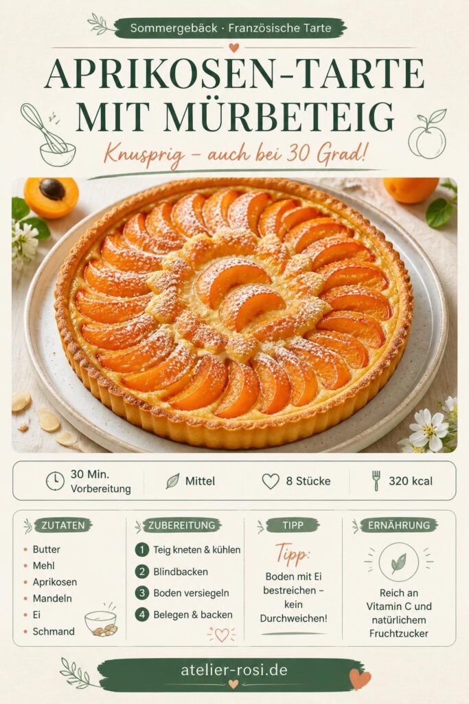 Aprikosen-Tarte mit Mürbeteig auf einem Holzbrett – Pinterest-Rezeptkarte von atelier-rosi.de