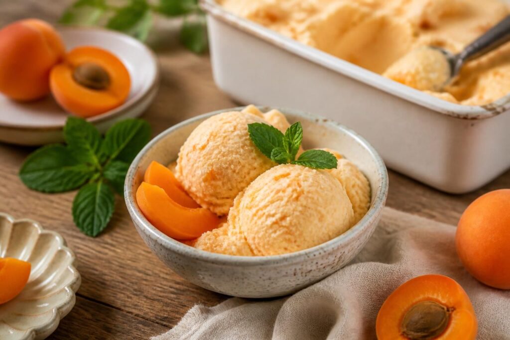 Cremiges Aprikoseneis ohne Eismaschine in einer Schale, mit sichtbarer samtiger Textur und frischen Aprikosenscheiben als Garnitur