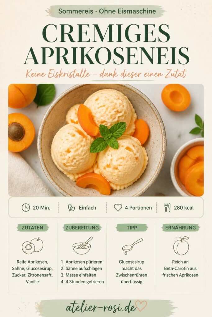 Cremiges Aprikoseneis ohne Eismaschine – Pinterest-Rezeptkarte mit Zutaten und Zubereitungsschritten