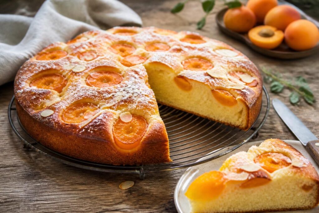 Luftiger Aprikosenkuchen auf Hefeteig, goldbraun gebacken auf dem Blech, belegt mit saftigen frischen Aprikosenhälften und goldgelben Zimtstreuseln
