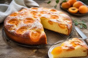 Luftiger Aprikosenkuchen auf Hefeteig, goldbraun gebacken auf dem Blech, belegt mit saftigen frischen Aprikosenhälften und goldgelben Zimtstreuseln