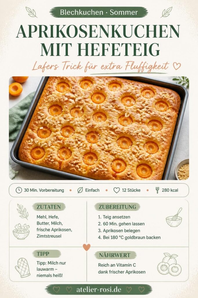 Aprikosenkuchen mit Hefeteig auf dem Blech, goldbraun mit Zimtstreuseln – Lafers Trick für extra Fluffigkeit