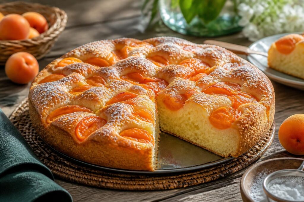Saftiger Aprikosenkuchen auf goldgelbem Hefeteig, frisch gebacken auf einem Backblech, bestreut mit Puderzucker, von oben fotografiert