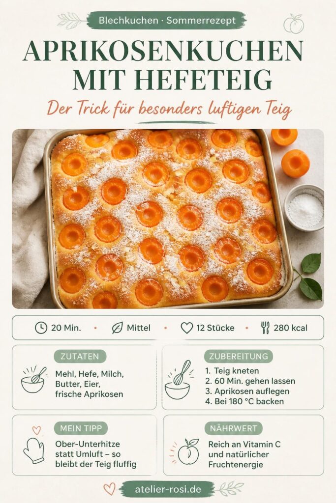 Aprikosenkuchen mit Hefeteig auf einem Backblech, goldgelber Boden, saftige Aprikosenhälften, bestreut mit Puderzucker