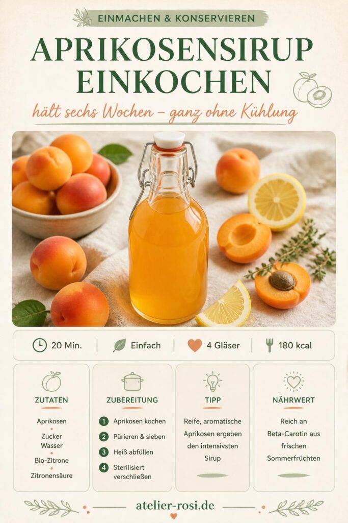 Aprikosensirup einkochen – Pinterest-Rezeptkarte mit Zutaten und Schritten