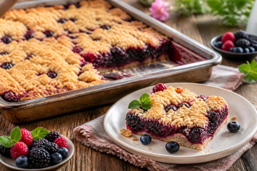 Beeren-Crumble vom Blech mit goldenen Butterstreuseln, frischen Himbeeren, Blaubeeren und Johannisbeeren auf einem Backblech, servierfertig mit Puderzucker bestäubt