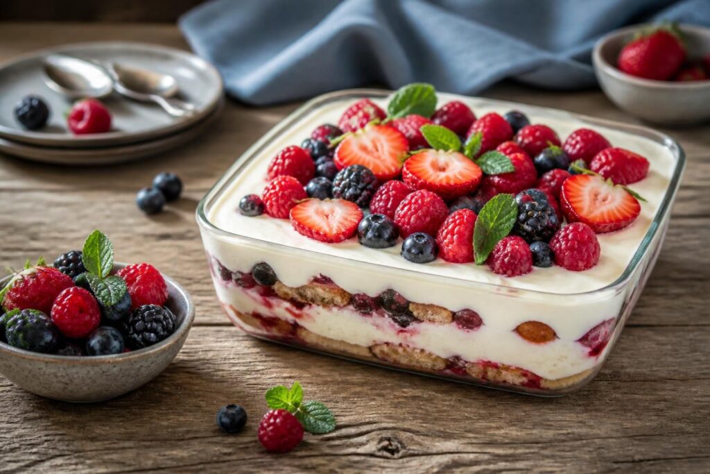 Beeren-Tiramisu ohne Ei in einer Auflaufform, garniert mit frischen Erdbeeren, Himbeeren und Kakaopulver, auf einem hellen Holztisch serviert