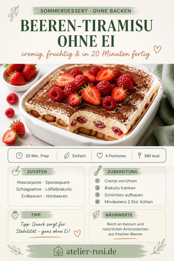 Beeren-Tiramisu ohne Ei mit Erdbeeren und Himbeeren in einer weißen Auflaufform, bestäubt mit Kakaopulver