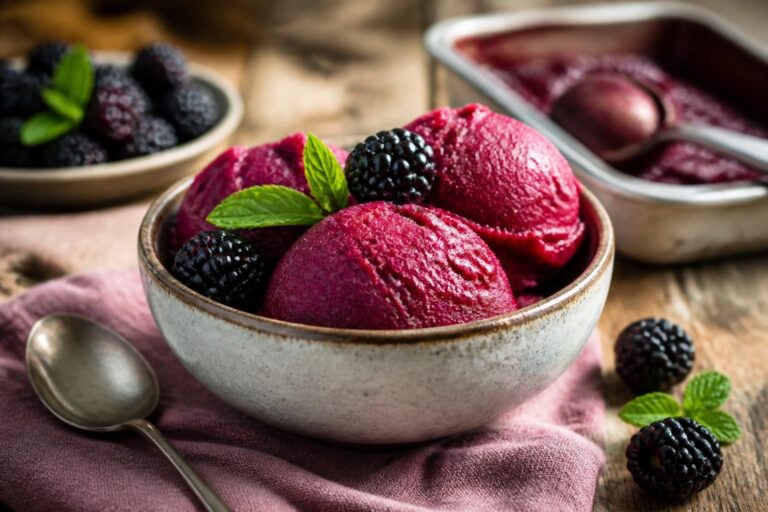 Cremiges Brombeer-Sorbet in einer weißen Schale, garniert mit frischen Brombeeren und Minzblättern, auf einem Holztablett im Sonnenlicht