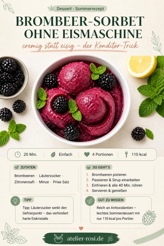 Cremiges Brombeer-Sorbet ohne Eismaschine – Rezept mit Läuterzucker-Trick, Pinterest-Pin von atelier-rosi.de