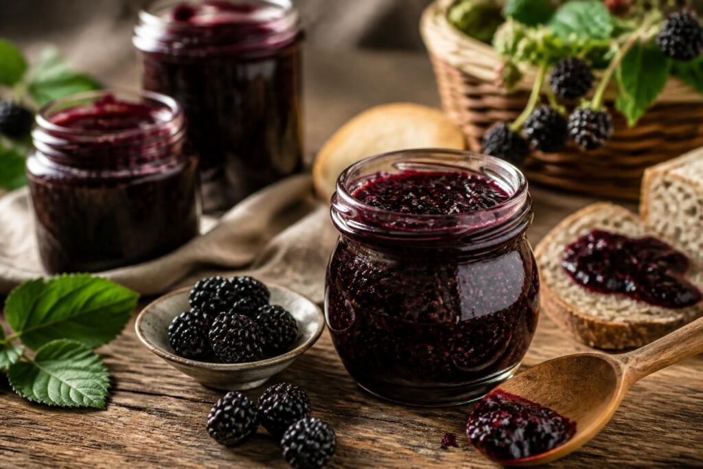 Selbst gekochte Brombeermarmelade ohne Gelierzucker in einem Einmachglas, umgeben von frischen Brombeeren und einem Holzlöffel auf rustikalem Holzuntergrund