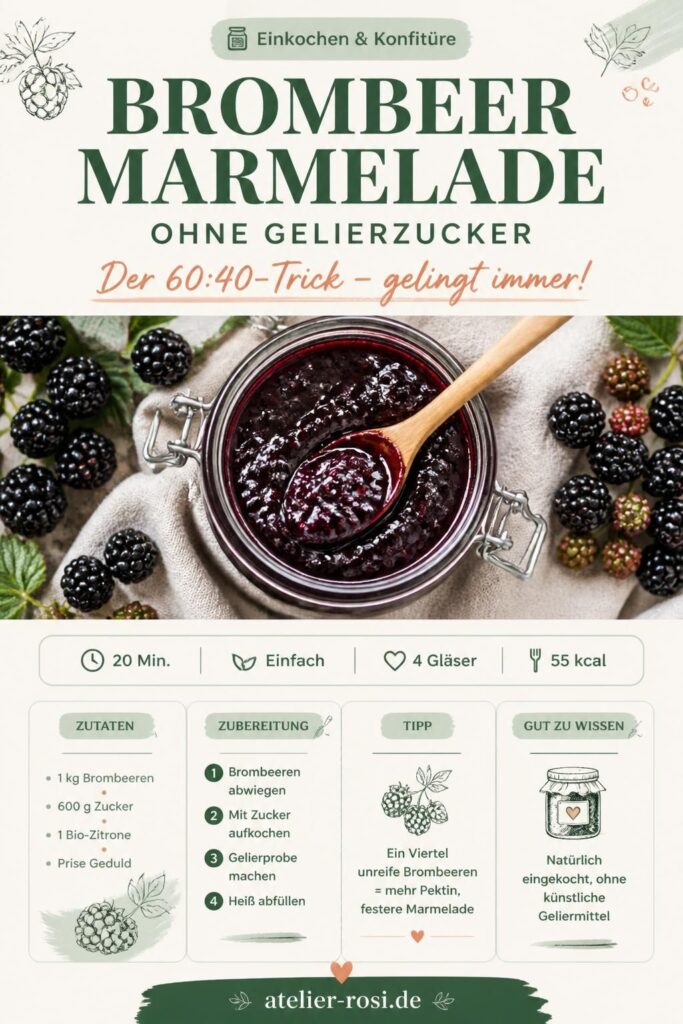 Brombeermarmelade ohne Gelierzucker im Einmachglas mit frischen Brombeeren, Pinterest-Rezeptkarte von atelier-rosi.de