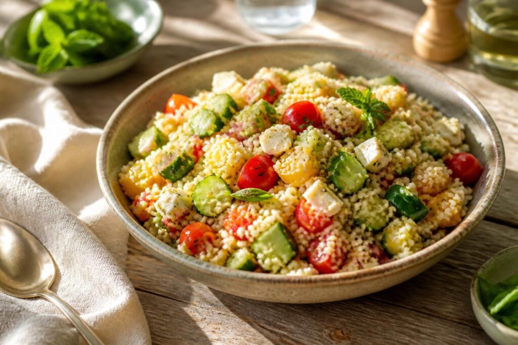Sommerlicher Couscous-Salat mit Kirschtomaten, Gurke, Paprika und frischen Kräutern in einer weißen Schüssel, von oben fotografiert