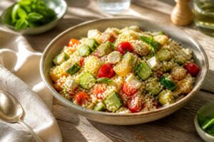 Sommerlicher Couscous-Salat mit Kirschtomaten, Gurke, Paprika und frischen Kräutern in einer weißen Schüssel, von oben fotografiert