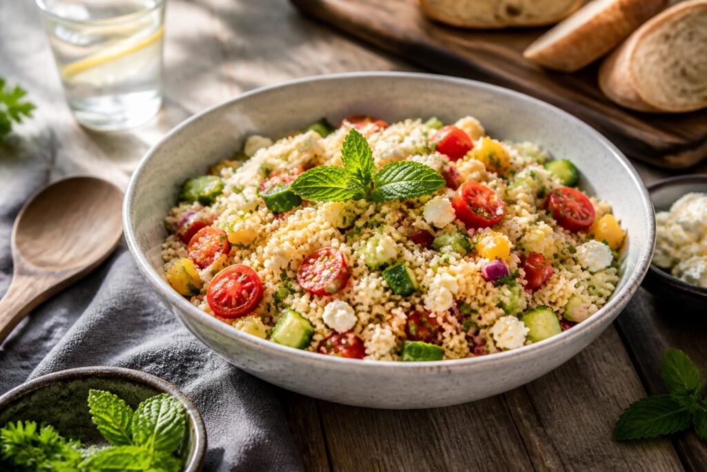 Sommerlicher Couscous-Salat mit Cherrytomaten, Gurke, Feta und frischen Kräutern in einer weißen Schüssel, von oben fotografiert
