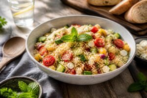 Sommerlicher Couscous-Salat mit Cherrytomaten, Gurke, Feta und frischen Kräutern in einer weißen Schüssel, von oben fotografiert