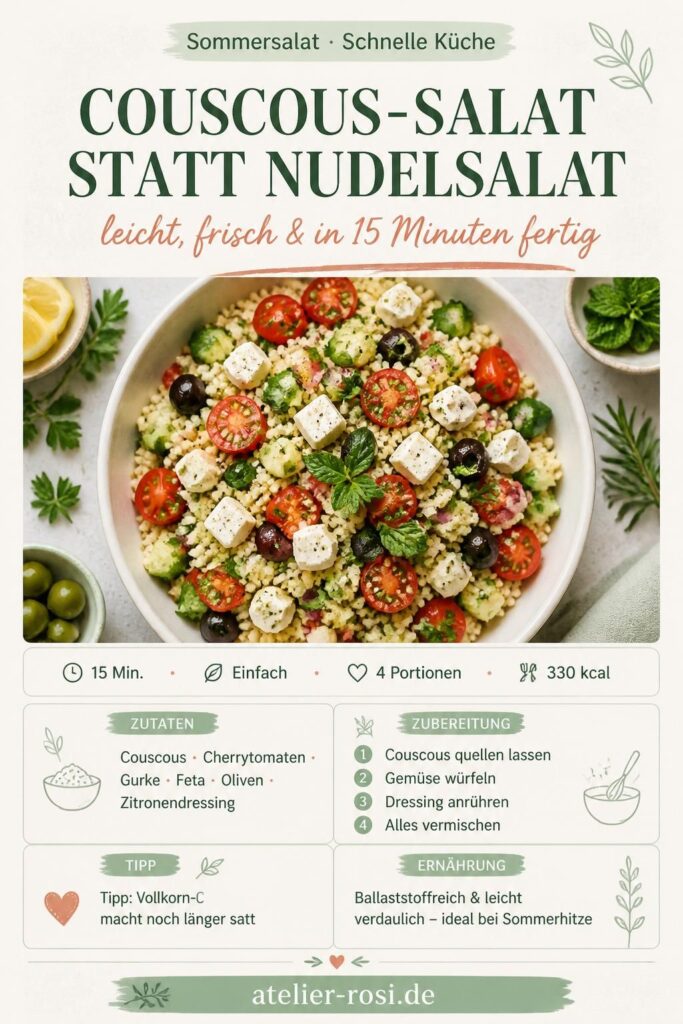 Sommerlicher Couscous-Salat mit Cherrytomaten, Gurke, Feta und Oliven – Pinterest-Rezeptkarte von atelier-rosi.de