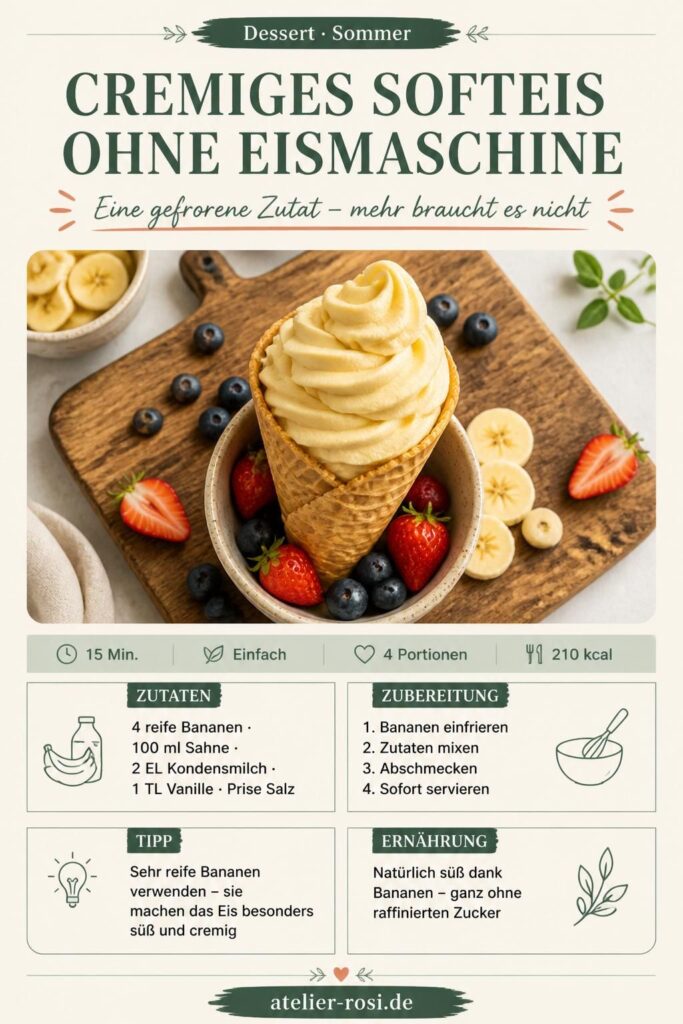 Cremiges Softeis ohne Eismaschine – Pinterest-Rezeptkarte mit Zutaten und Zubereitung
