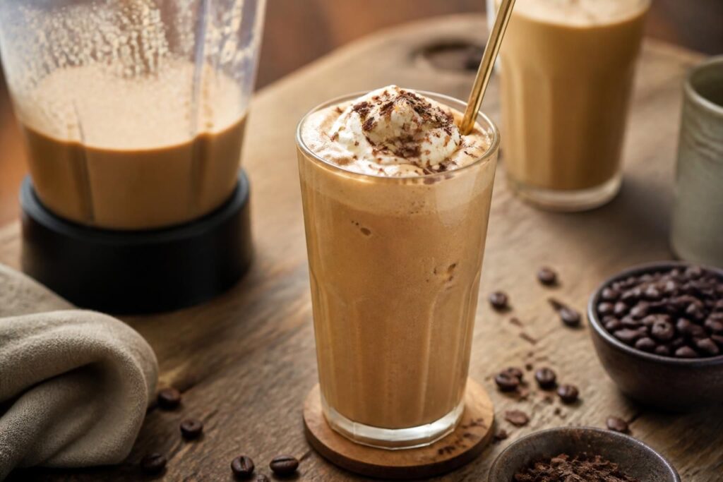 Selbstgemachter Eiskaffee ohne Eismaschine im Standmixer – cremig, kalt und sofort fertig, serviert im hohen Glas mit Schlagsahne