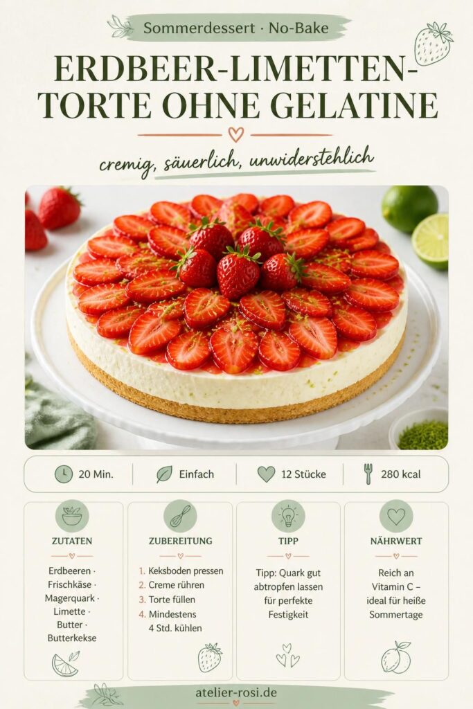 Erdbeer-Limetten-Torte ohne Gelatine – Pinterest-Rezeptkarte mit Zutaten und Schritten