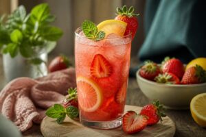 Zuckerfreie Erdbeer-Limonade in einem hohen Glas mit Eiswürfeln, frischen Erdbeeren und Minzeblättern auf einem hellen Holztisch