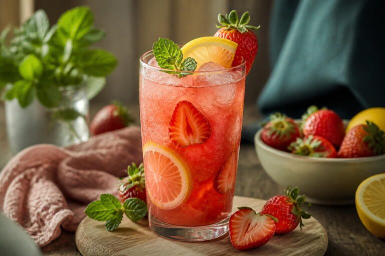 Zuckerfreie Erdbeer-Limonade in einem hohen Glas mit Eiswürfeln, frischen Erdbeeren und Minzeblättern auf einem hellen Holztisch