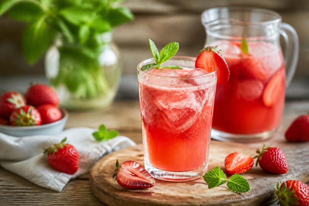Erdbeer-Limonade ohne Zucker in einem Glas mit Eiswürfeln, frischen Erdbeeren und Minzblättern, garniert mit einer Zitronenscheibe