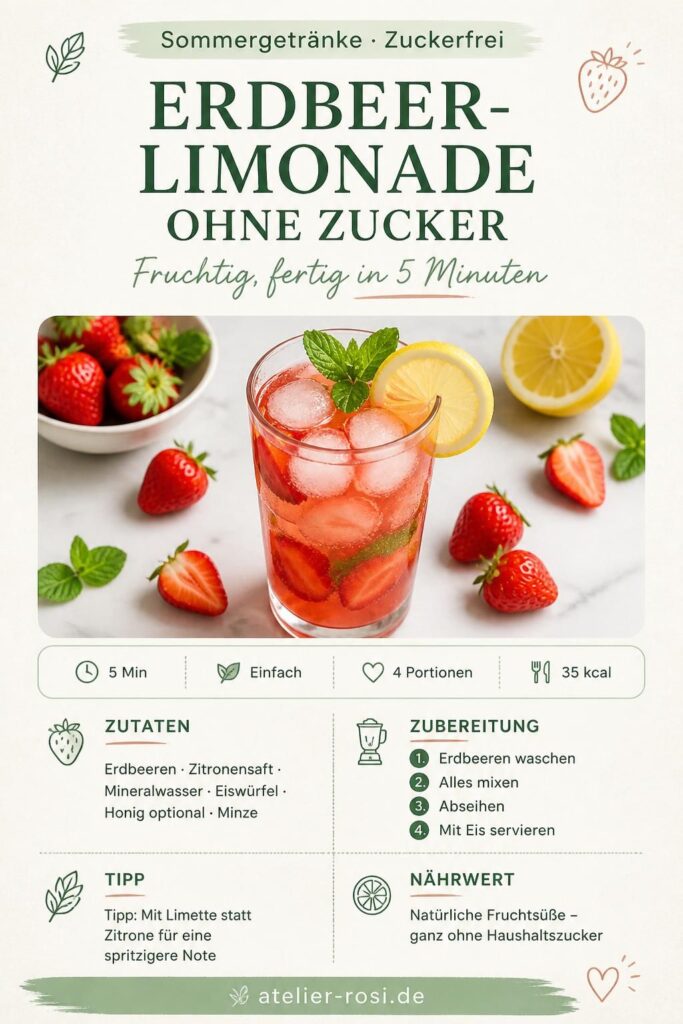 Erdbeer-Limonade ohne Zucker im Glas mit Eiswürfeln und Minze – Pinterest-Pin
