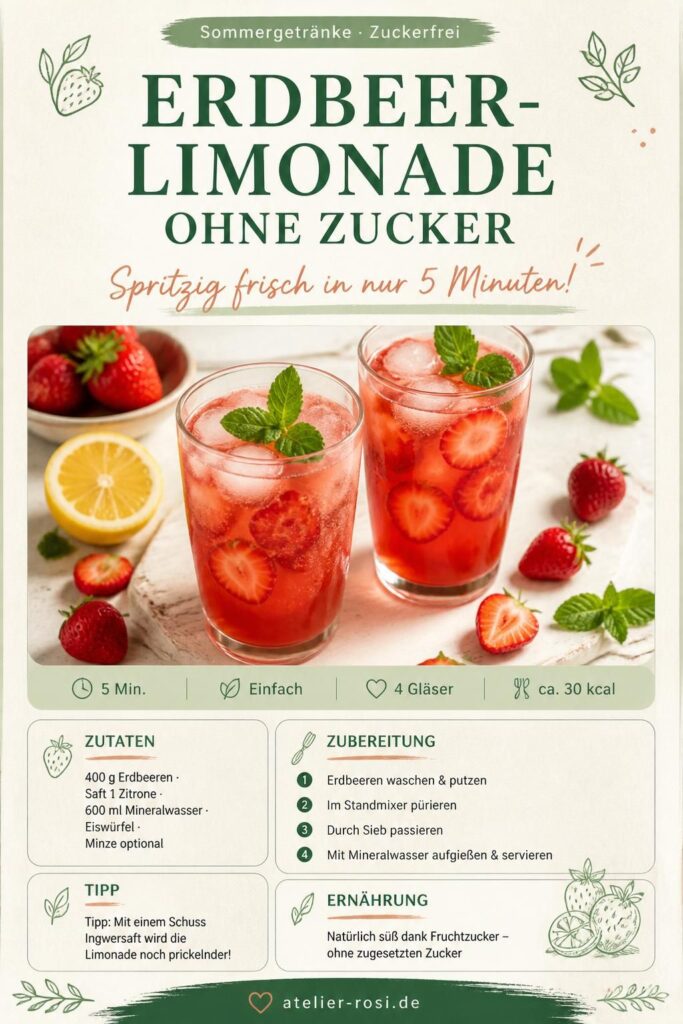 Zuckerfreie Erdbeer-Limonade im Glas mit Minze und Eiswürfeln – Pinterest-Pin