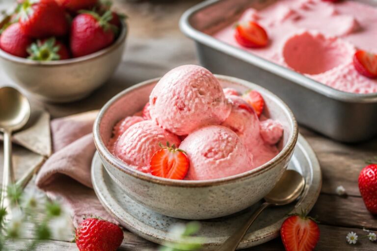 Erdbeer-Mascarpone-Eis ohne Eismaschine in einer weißen Kastenform, garniert mit frischen Erdbeeren und Minzblättern, auf einem hellen Holztisch