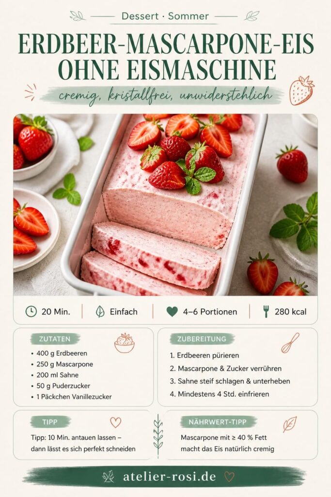 Erdbeer-Mascarpone-Eis ohne Eismaschine in einer weißen Kastenform mit frischen Erdbeeren