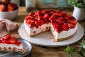 Erdbeer-Mascarpone-Torte ohne Backen auf einem weißen Teller – cremige Schichten mit frischen Erdbeeren und Keksboden, Anschnitt von oben