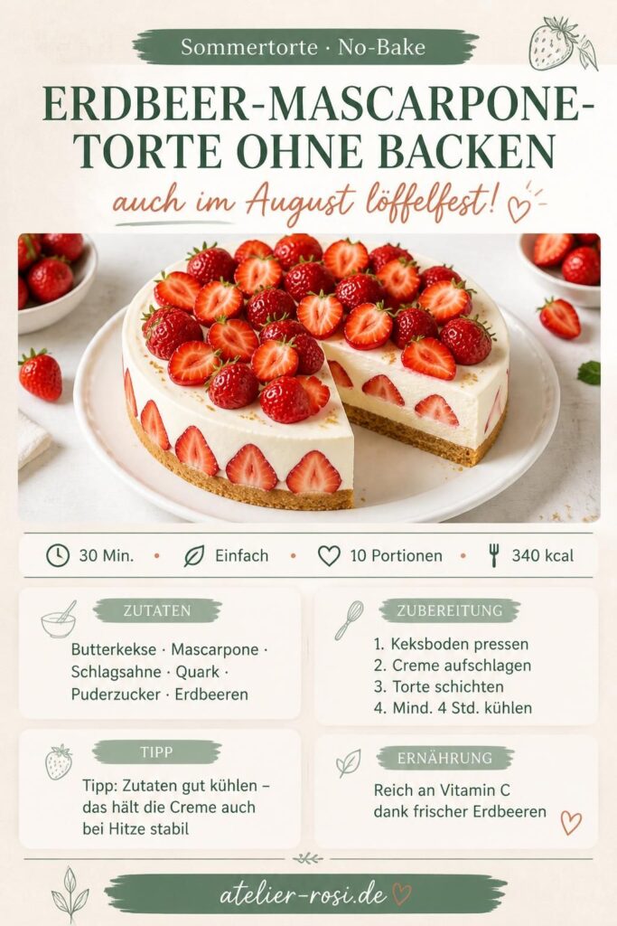 Erdbeer-Mascarpone-Torte ohne Backen – Pinterest-Rezeptkarte mit Zutaten und Schritten
