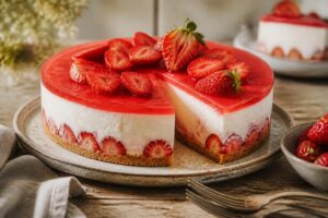 Erdbeer-Mascarpone-Torte ohne Gelatine im Anschnitt auf einem weißen Kuchenteller – sichtbar cremige, schnittfeste Schichten mit frischen Erdbeeren