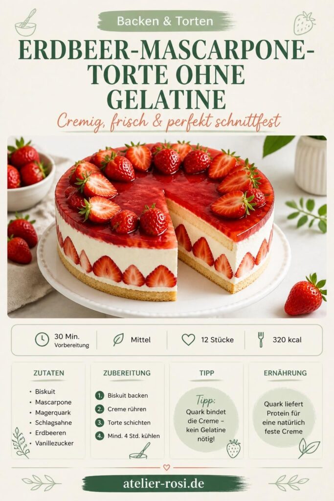 Erdbeer-Mascarpone-Torte ohne Gelatine im Anschnitt – cremige Schichten mit frischen Erdbeeren, Pinterest-Pin